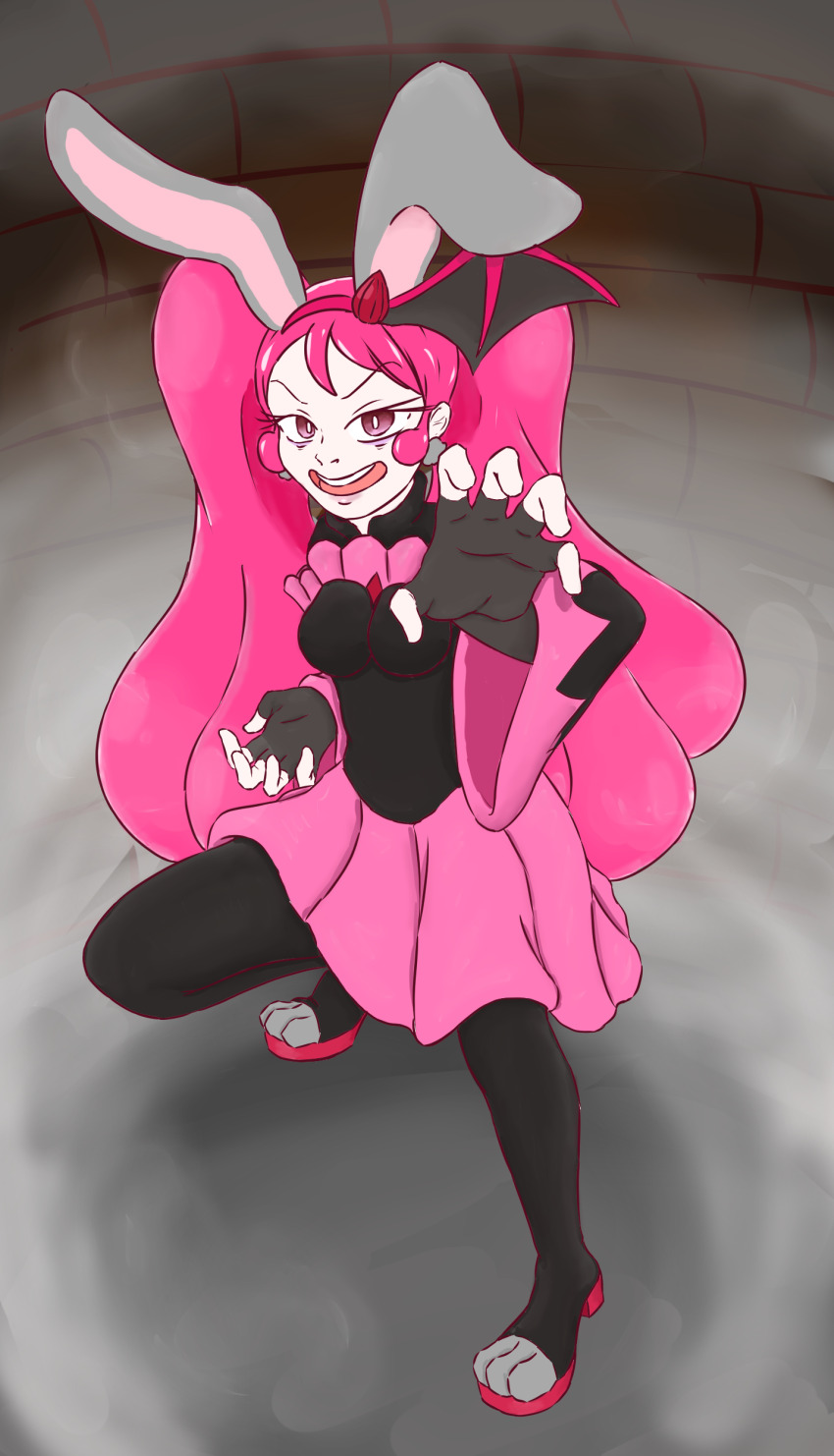 absurdres bad_end_precure bodysuit corruption cure_whip dark_persona elly_snail fighting_stance highres ichika_usami kirakira_precure_a_la_mode latex paw_shoes pink_hair precure rabbit_ears rabbit_girl rabbit_tail red_eyes twintails