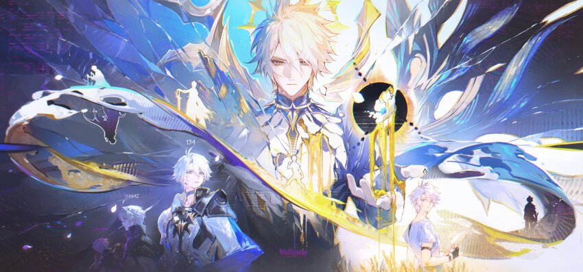 5boys absurdres age_progression alternate_form antenna_hair armor asymmetrical_wings black_choker black_gloves black_shirt black_wings blonde_hair blue_cape blue_eyes cape choker commentary cracked_skin english_commentary fingerless_gloves gloves grey_shirt hair_between_eyes halo halo_behind_head highres holding holding_paper honkai:_star_rail honkai_(series) looking_to_the_side male_focus material_growth multiple_boys paper parted_bangs parted_lips pauldrons phainon_(a_dream_scented_in_wheat)_(honkai:_star_rail) phainon_(honkai:_star_rail) portrait renjian_shilian shirt short_hair short_sleeves shoulder_armor single_pauldron time_paradox torn_clothes torn_shirt wheat_field white_hair wings yellow_blood yellow_eyes yellow_wings
