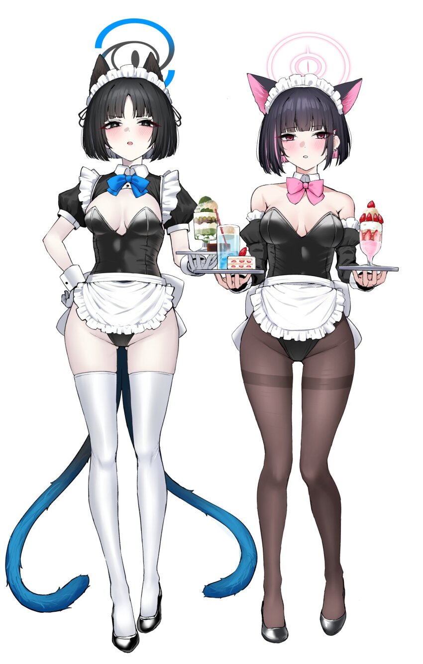 2girls absurdres animal_ears apron black_hair black_leotard blue_archive blue_halo blunt_bangs blush breasts cat_ears cat_tail colored_inner_hair detached_sleeves full_body grey_hair halo high_heels highleg highres kazusa_(blue_archive) kikyou_(blue_archive) leotard looking_at_viewer maid_apron maid_headdress male_focus medium_breasts multicolored_hair multiple_girls nichijou_(nichijoutouhou) pantyhose pink_eyes pink_hair pink_halo playboy_bunny short_hair simple_background tail thighs white_background