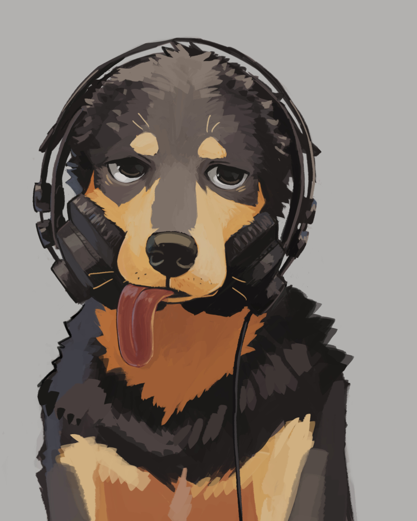 animal awwchang brown_eyes dog grey_background headphones highres looking_at_viewer no_humans original simple_background tongue tongue_out upper_body