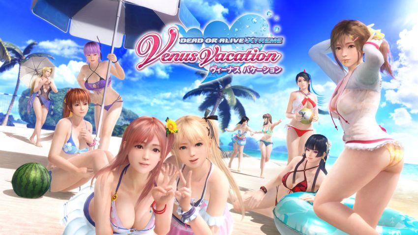 3d 6+girls ayane_(doa) bikini blonde_hair dead_or_alive dead_or_alive_xtreme_3_fortune dead_or_alive_xtreme_beach_volleyball everyone food fruit helena_douglas highres hitomi_(doa) honoka_(doa) kasumi_(doa) kokoro_(doa) marie_rose misaki_(doa) momiji_(ninja_gaiden) multiple_girls nyotengu official_art official_wallpaper outdoors swimsuit tecmo v watermelon