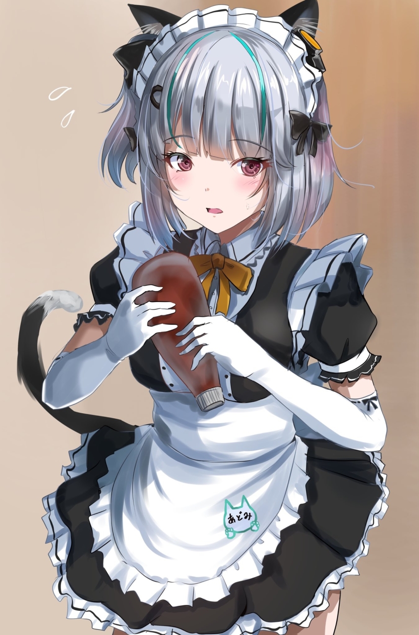1girl admi_(nikke) alternate_costume animal_ears apron black_bow black_dress blunt_bangs blush bottle bow bowtie breasts c-wing cat_ears cat_tail character_name collared_dress cowboy_shot dress elbow_gloves flying_sweatdrops frilled_apron frilled_dress frills gloves goddess_of_victory:_nikke green_hair grey_hair hair_bow hair_ornament headgear highres holding holding_bottle looking_at_viewer maid maid_apron maid_headdress medium_breasts multicolored_hair name_tag one_side_up open_mouth pink_eyes puffy_short_sleeves puffy_sleeves short_dress short_sleeves simple_background standing streaked_hair sweat tail waist_apron white_apron white_gloves yellow_bow yellow_bowtie