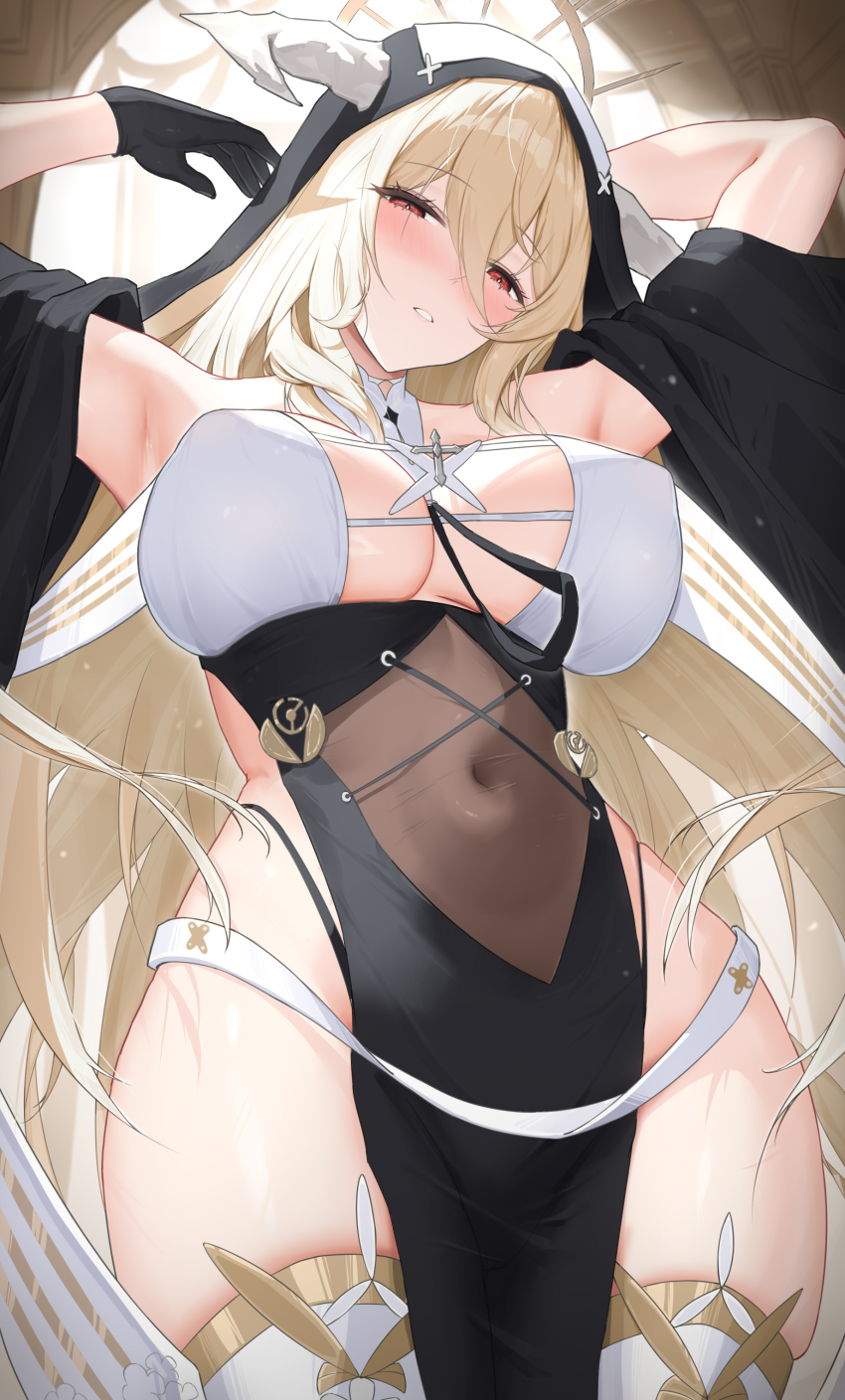 1girl absurdres armpits arms_up azur_lane bare_shoulders between_breasts black_gloves black_panties blonde_hair breast_cutout breasts cleavage covered_navel dress fake_horns gloves hair_between_eyes half_gloves highres horns implacable_(azur_lane) large_breasts long_bangs long_hair long_hair_between_eyes looking_at_viewer ningri_(lianyungangwyz) nun panties pelvic_curtain red_eyes revealing_clothes shirt_slip solo thighhighs two-tone_dress underwear veil white_horns white_thighhighs
