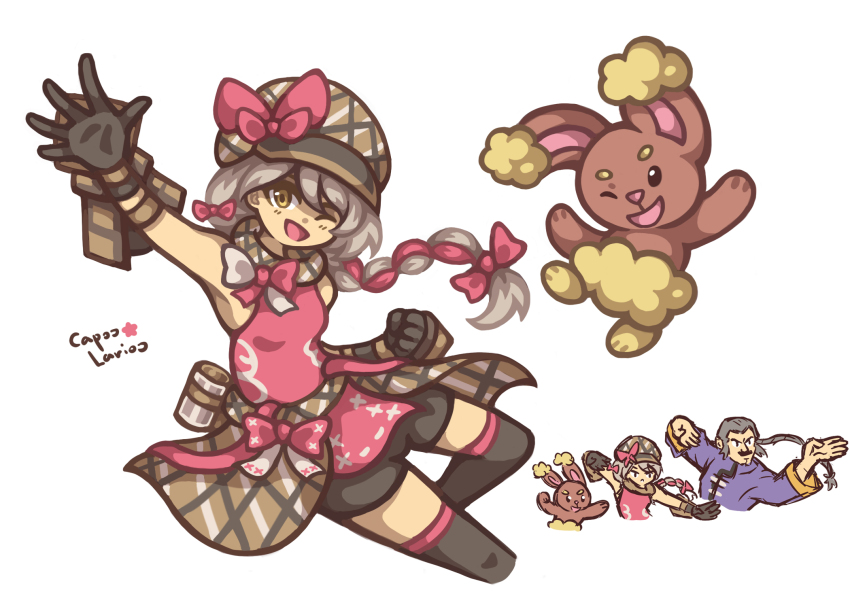 1boy 1girl 1other braid brown_scarf capoolarioo fire_emblem fire_emblem_engage flannel framme_(fire_emblem) g_gundam game_freak gen_4_pokemon gundam highres lopunny master_asia multicolored_hair nintendo plaid_clothes plaid_headwear plaid_scarf pokemon scarf single_braid split-color_hair wrist_guards
