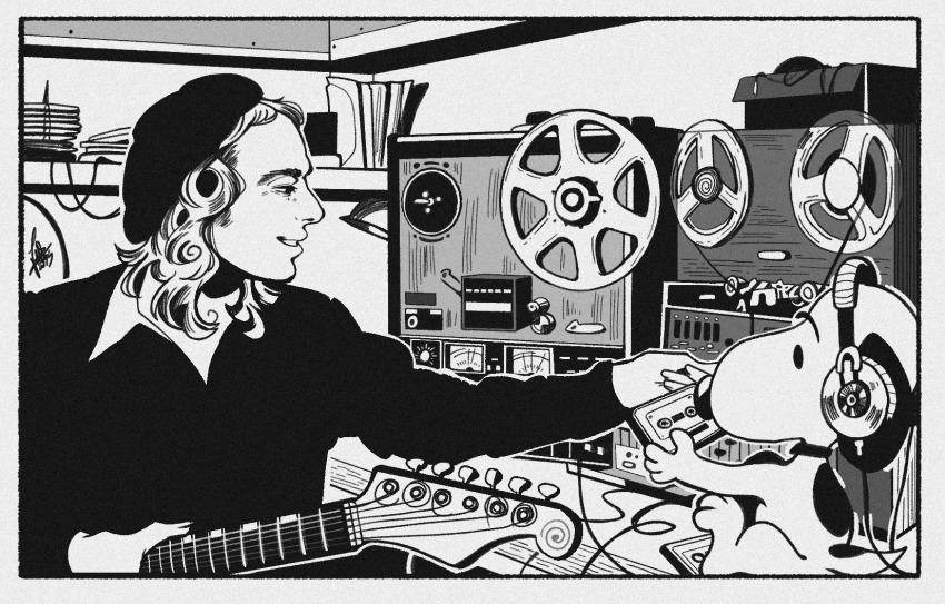 1boy brian_eno cassette_tape greyscale grin guitar headphones highres holding holding_guitar holding_instrument indoors instrument long_hair long_sleeves monochrome parted_lips peanuts_(comic) real_life schumisnoopy shelf smile snoopy