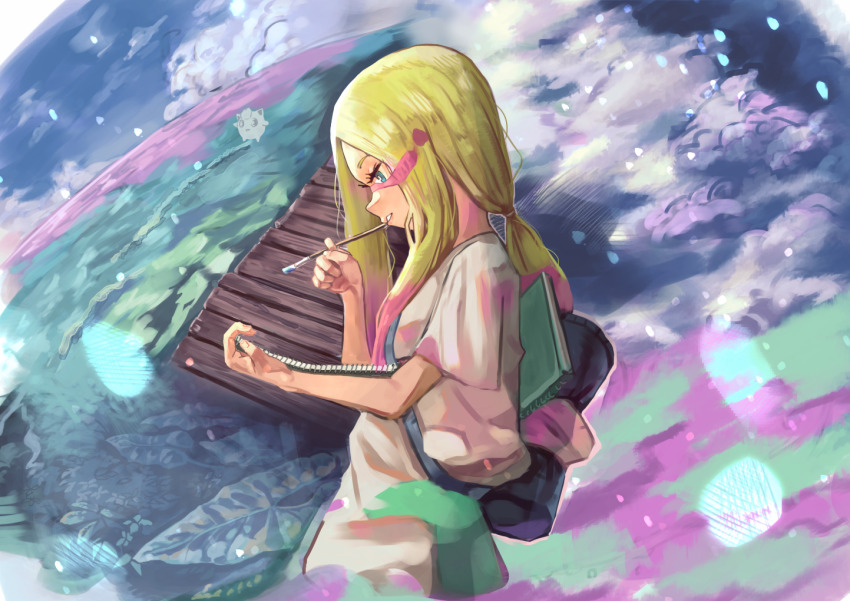 1girl abstract_background backpack bag bannouyakunta blonde_hair blue_background blue_eyes bright_pupils duffel_bag from_side gen_1_pokemon green_background half-closed_eyes holding holding_notebook jigglypuff long_hair looking_down low-tied_long_hair mina_(pokemon) nintendo notebook object_in_mouth paint_in_hair paint_splatter paint_splatter_on_face paintbrush pink_background pokemon pokemon_sm ponytail purple_background shirt solo t-shirt upper_body white_pupils
