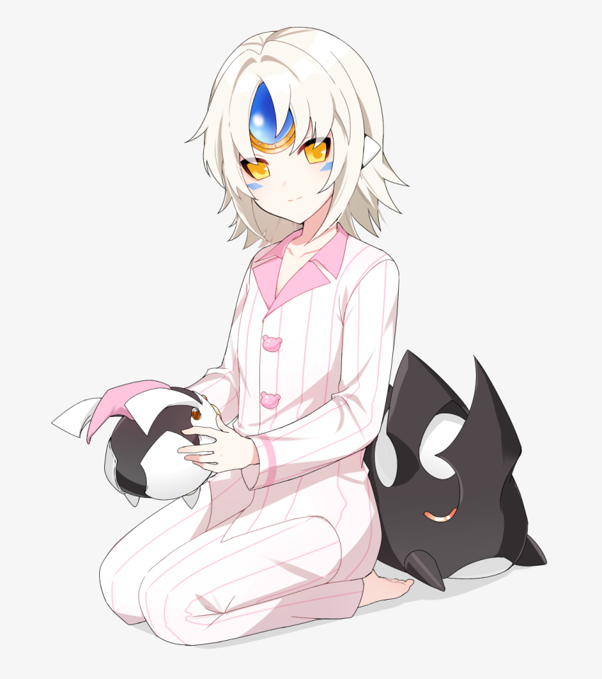 1girl alternate_costume android barefoot closed_mouth collarbone commentary elsword eve_(elsword) facial_mark forehead_jewel full_body grey_background highres long_sleeves looking_at_viewer moby_(elsword) pajamas pink_pajamas remy_(elsword) robot sasa_(sa1008va) seiza shadow short_hair simple_background sitting smile toes white_hair