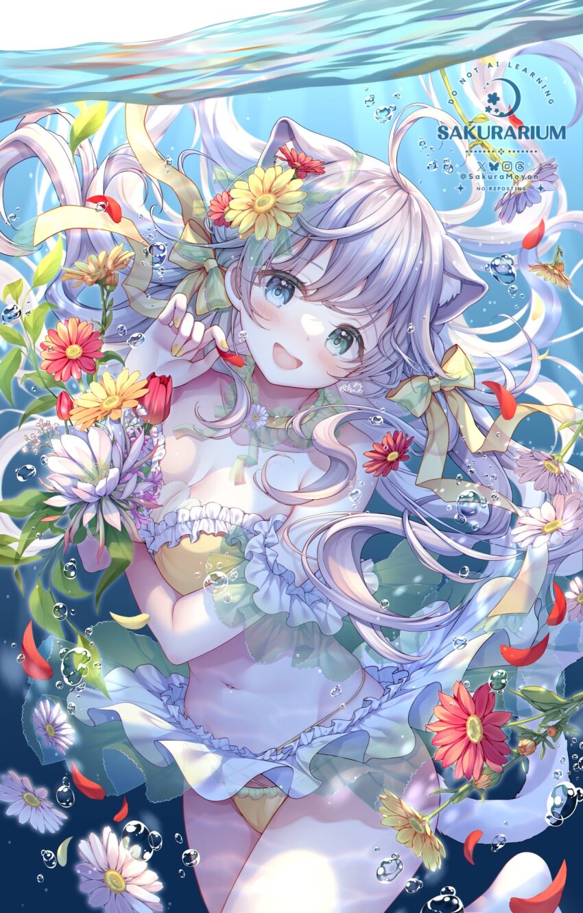 1girl animal_ears bare_shoulders bikini blue_eyes blush bow breasts cat cleavage flower frilled_bikini frills grey_hair hair_bow hair_ornament highres jewelry large_breasts long_hair looking_at_viewer medium_breasts navel necklace open_mouth original sakura_moyon smile solo stomach swimsuit underwater very_long_hair water white_hair yellow_bikini