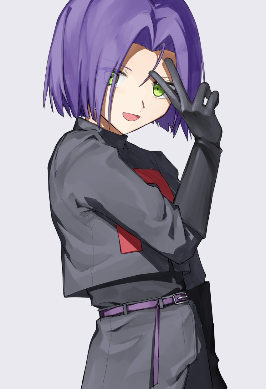 1boy belt black_gloves blue_hair creatures_(company) crop_top denney_(sukeru_ramune) game_freak gloves green_eyes highres james_(pokemon) logo looking_at_viewer nintendo pokemon pokemon_(anime) pokemon_bw_(anime) purple_belt purple_hair team_rocket team_rocket_uniform white_background