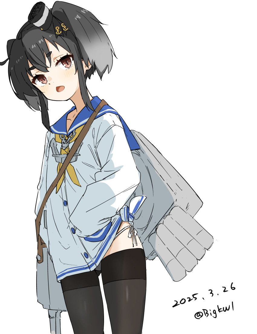 1girl absurdres anchor_necklace bigkwl black_hair blue_sailor_collar brown_eyes dated dress grey_hair hat highres jewelry kantai_collection long_shirt long_sleeves lowleg lowleg_pantyhose mini_hat neckerchief necklace panties pantyhose rigging sailor_collar sailor_dress short_hair short_hair_with_long_locks side-tie_panties sidelocks smokestack_hair_ornament solo tied_dress tokitsukaze_(kancolle) underwear white_background white_panties yellow_neckerchief