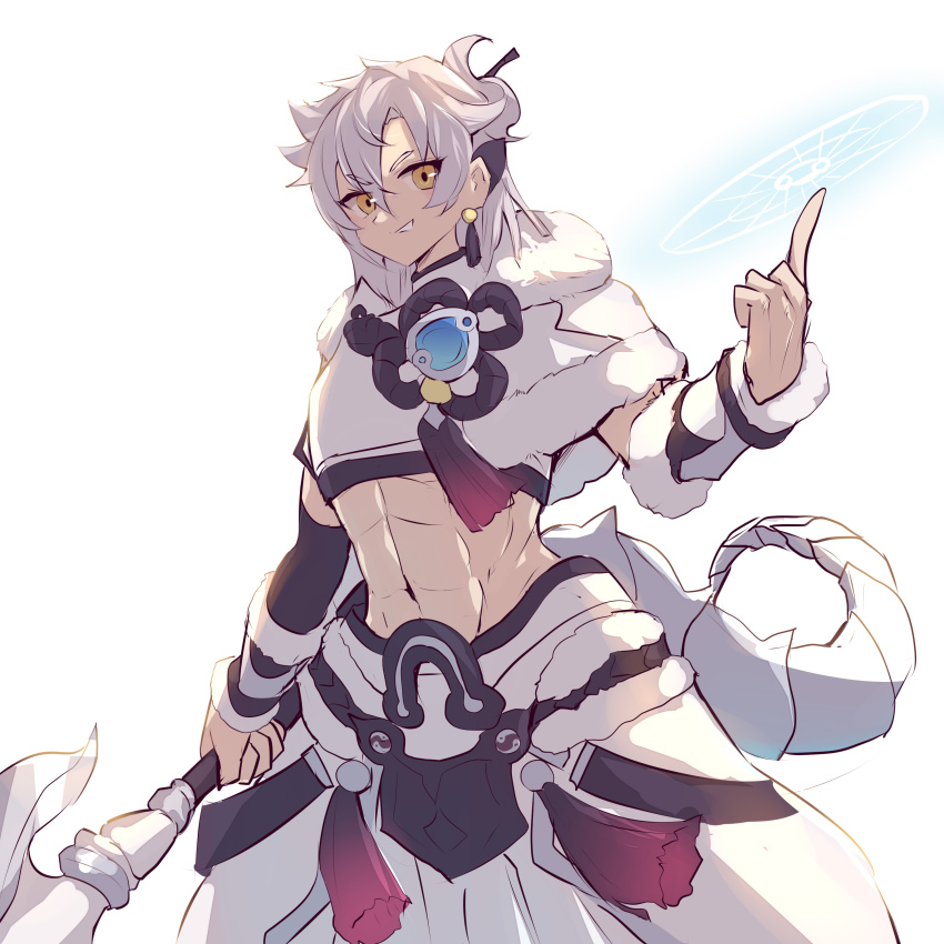 1boy abs absurdres arm_warmers black_arm_warmers capelet commentary_request cowboy_shot crop_top cropped_shirt dragon_boy dragon_tail dragon_tale_lucias duel_monster ear_covers earrings eastern_dragon_tail fur-trimmed_capelet fur_trim groin hair_between_eyes hair_bun hair_ornament hair_stick hakama hakama_pants highres holding holding_staff index_finger_raised japanese_clothes jewelry kanzakietc long_hair looking_at_viewer male_focus midriff navel pants shirt short_sleeves sidelocks simple_background single_arm_warmer smile solo staff standing tail tassel tassel_earrings white_background white_capelet white_hakama white_shirt yellow_eyes yu-gi-oh!