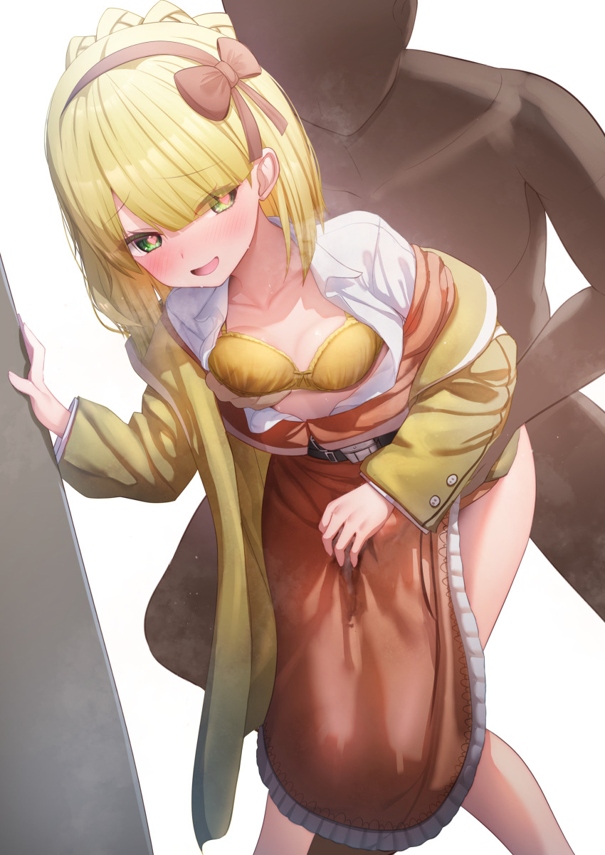 1boy 1girl absurdres blonde_hair bra bra_pull braid clothes_pull coat collared_shirt commission commissioner_upload crown_braid cum cum_on_clothes disheveled dress from_behind green_eyes groping hairband heart heart-shaped_pupils highres holding implied_sex jacket library_of_ruina long_sleeves non-web_source open_clothes open_mouth orange_dress orange_hairband project_moon shirt short_hair simple_background skirt smile steaming_body symbol-shaped_pupils thighs tiphereth_a_(project_moon) unbuttoned underwear west_24 white_background white_shirt yellow_bra yellow_coat