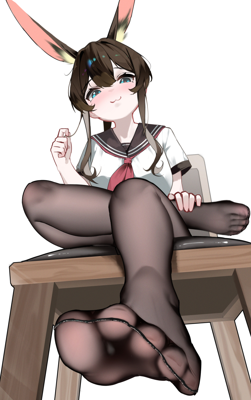 1girl :3 absurdres alternate_costume amiya_(arknights) animal_ear_fluff animal_ears aqua_eyes arknights brown_hair brown_pantyhose brown_sailor_collar chair chinese_commentary closed_mouth commentary_request extra_ears feet foot_focus from_below full_body hair_between_eyes hand_up highres long_sidelocks neckerchief no_shoes on_chair pantyhose rabbit_ears rabbit_girl red_neckerchief sailor_collar shenmi_de_xigua shirt short_sleeves sidelocks simple_background sitting solo toes white_background white_shirt