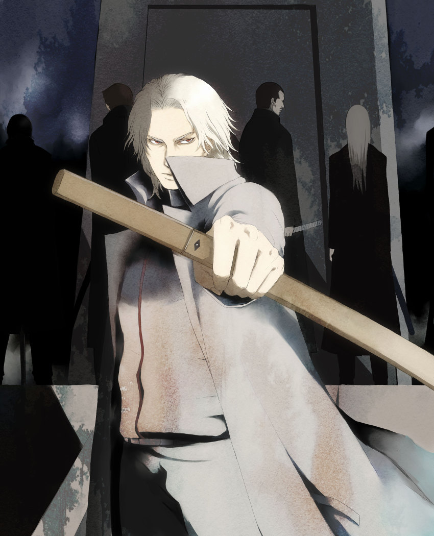 00s 5boys absurdres astronotus ghost_in_the_shell ghost_in_the_shell:_stand_alone_complex highres katana kuze_hideo male_focus multiple_boys sheath sheathed shirasaya solo_focus sword weapon white_hair