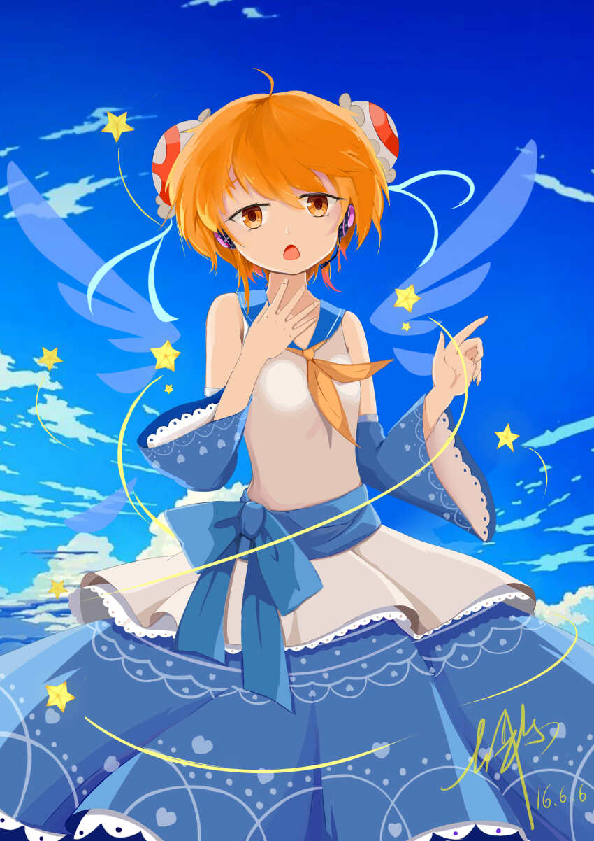 1girl absurdres acfun acfun_girl artist_name bare_shoulders blue_sailor_collar blue_skirt blue_sky blue_sleeves bun_cover chinese_commentary cloud cloudy_sky commentary_request dated detached_sleeves detached_wings double_bun energy_wings hair_bun hands_up highres long_skirt neckerchief open_mouth orange_eyes orange_hair sailor_collar shirt short_hair signature skirt sky sleeveless sleeveless_shirt solo star_(symbol) transparent_wings triangle_mouth upper_body white_shirt wings yellow_neckerchief yunshi_tiankeng