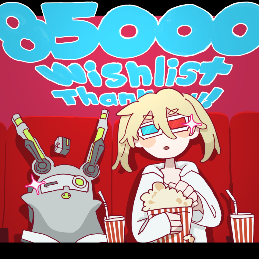 1girl 3d_glasses akutagawa_yomuko alien aqua-tinted_eyewear artificial_eye artist_request blonde_hair blush_stickers book chair commentary commentary_request cube cup cyborg disposable_cup double-parted_bangs drinking_straw english_text fangs floating floating_object food gogh:_focus_with_your_avatar hair_between_eyes highres hood hood_down hooded_jacket jacket letterboxed long_hair mechanical_ears mechanical_eye milestone_celebration mirakuro movie_theater official_art on_chair open_book open_clothes open_jacket open_mouth popcorn red-tinted_eyewear red_background second-party_source shadow shirt simple_background sitting sparkling_eyes thank_you tinted_eyewear twintails upper_body watching white-framed_eyewear white_hood white_jacket white_shirt white_sleeves