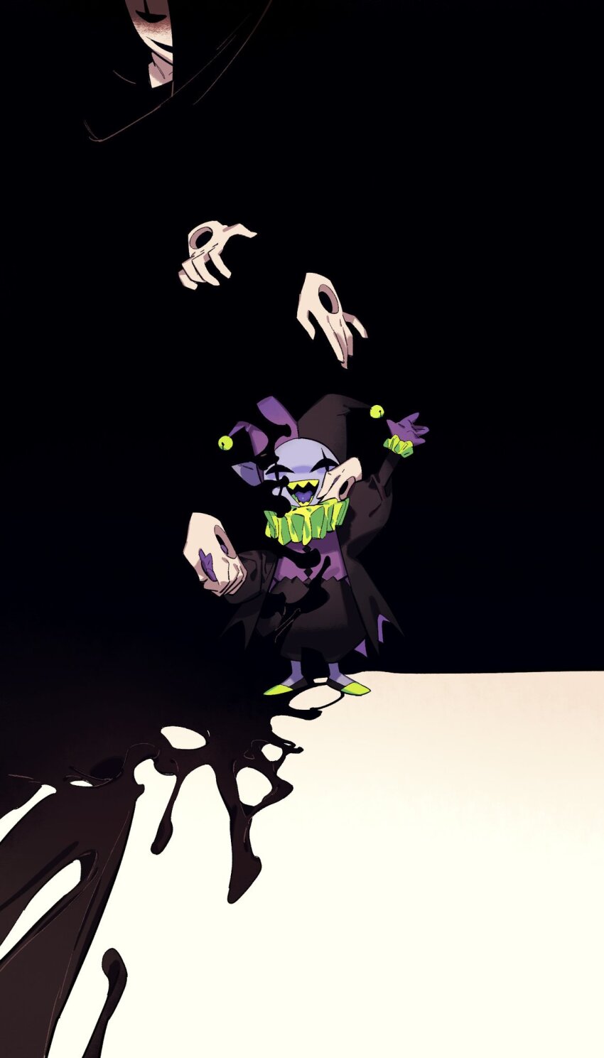 2boys :d allhailjotman arm_up black_jacket black_shorts blue_skin buttons clown clown_boy colored_skin colored_tongue commentary deltarune disembodied_hand english_commentary frilled_sleeves frills full_body gloves green_footwear hat highres holding_hands hollow_eyes jacket jester jester_boy jester_cap jevil juliet_sleeves long_sleeves looking_at_viewer male_focus multiple_boys neck_ruff open_clothes open_jacket open_mouth pointy_ears puffy_shorts puffy_sleeves purple_gloves purple_shirt purple_tongue scar scar_across_eye scar_on_face sharp_teeth shirt shorts simple_background smile standing straight-on teeth tongue two-tone_hat undertale w.d._gaster waving yellow_teeth