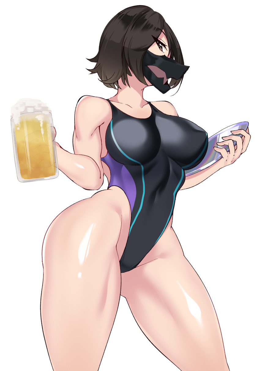 1girl absurdres alcohol ass bad_id bad_pixiv_id bare_shoulders beer black_hair black_legwear breasts brown_eyes competition_swimsuit covered_erect_nipples covered_navel highleg highleg_one-piece_swimsuit highres large_breasts looking_at_viewer mask mouth_mask one-piece_swimsuit original short_hair solo swimsuit transparent_background tray volyz