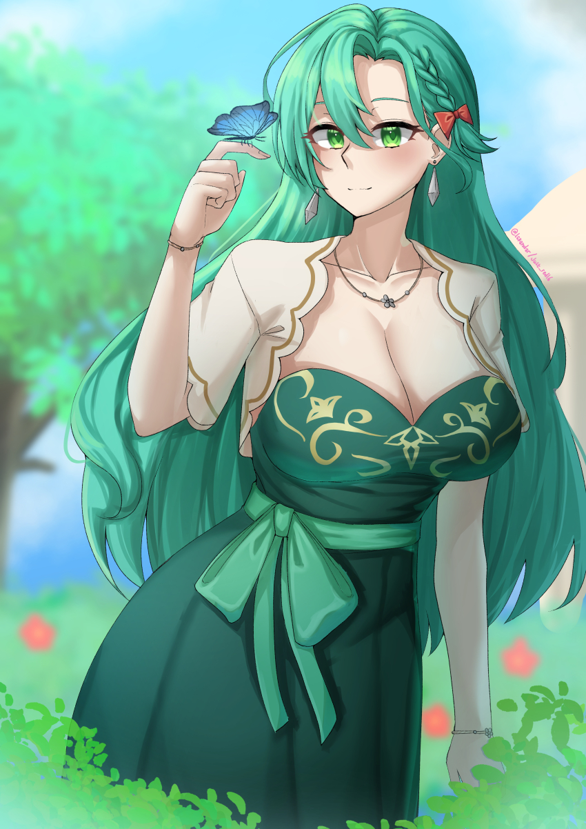 1girl absurdres aqua_hair bow braid breasts bug butterfly butterfly_on_hand casual chloe_(fire_emblem) cleavage dress earrings fire_emblem fire_emblem_engage green_dress green_eyes highres insect iskandariis jewelry nintendo orange_bow side_braid teardrop_earrings