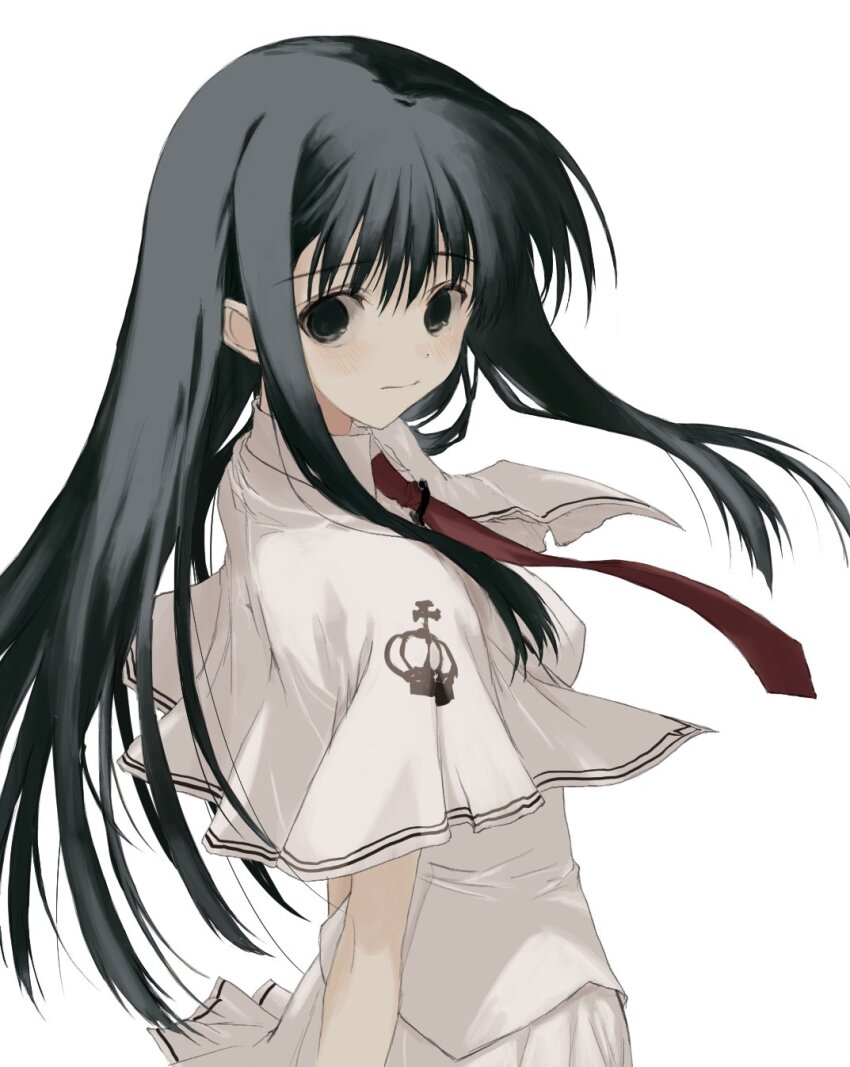1girl black_eyes black_hair capelet closed_mouth collared_shirt crown_print empty_eyes floating_hair highres long_sleeves looking_at_viewer necktie numata_eki print_capelet red_necktie school_uniform shirt short_sleeves simple_background skirt solo straight_hair subarashiki_hibi takashima_zakuro white_capelet white_shirt white_skirt
