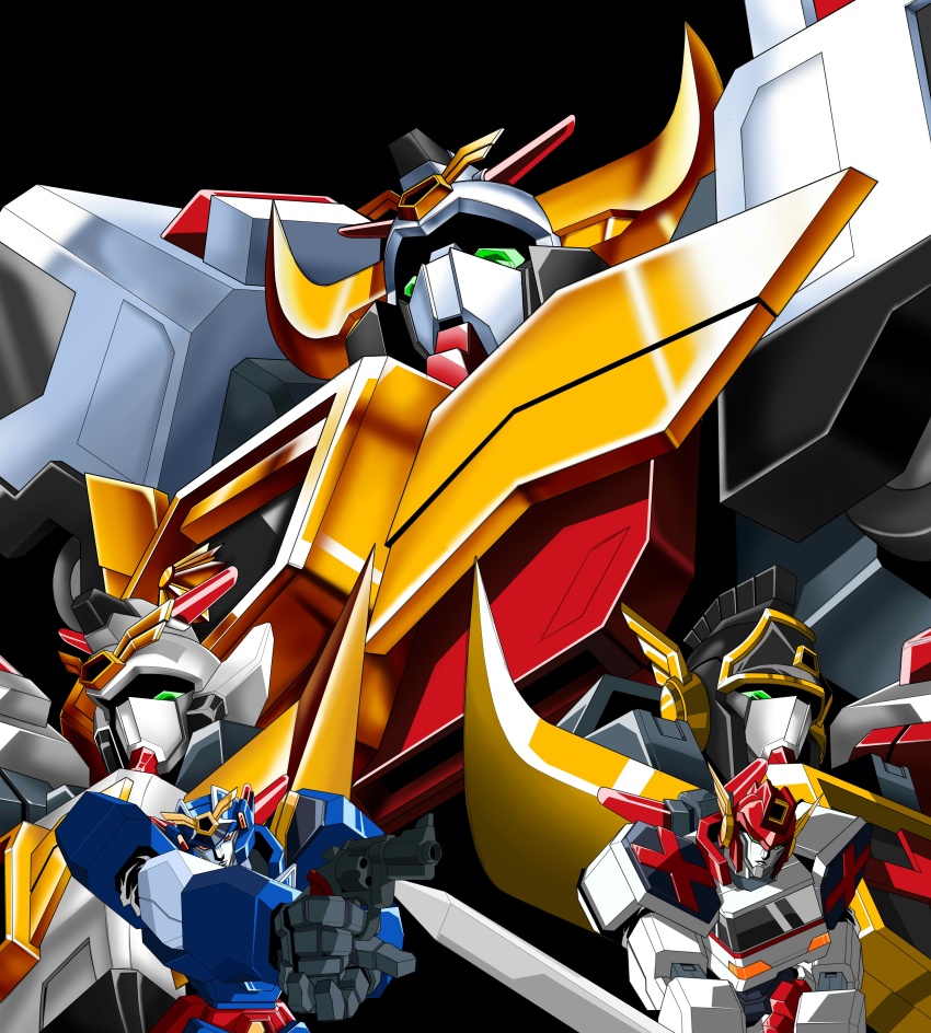 absurdres aiming black_background commentary_request deckerd duke_(j-decker) duke_fire finger_on_trigger fire_j-decker green_eyes gun handgun highres holding holding_gun holding_sword holding_weapon j-decker kds_(0049) mecha no_humans red_eyes revolver robot science_fiction simple_background super_robot sword v-fin weapon yuusha_keisatsu_j-decker yuusha_series