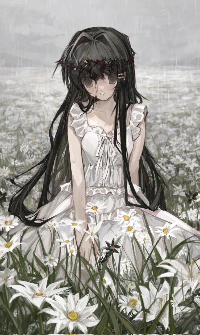 1girl parallel_hairclips black_eyes black_hair blood blood_on_face breasts cloud cloudy_sky collarbone commentary_request crown_of_thorns day dress empty_eyes field flower flower_field hair_between_eyes hair_intakes hair_ornament hairclip highres light_smile long_dress long_hair looking_at_viewer on_grass outdoors purasnt rain sitting sky sleeveless sleeveless_dress small_breasts solo straight_hair subarashiki_hibi takashima_zakuro wet white_dress white_flower