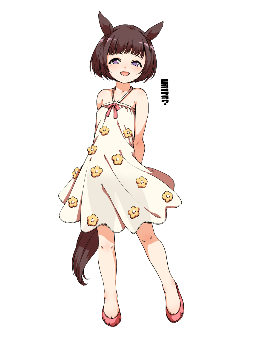 1girl animal_ears arms_behind_back bare_shoulders blush brown_hair dress full_body hamao highres horse_ears horse_girl horse_tail looking_at_viewer nishino_flower_(umamusume) open_mouth purple_eyes short_hair smile solo tail umamusume