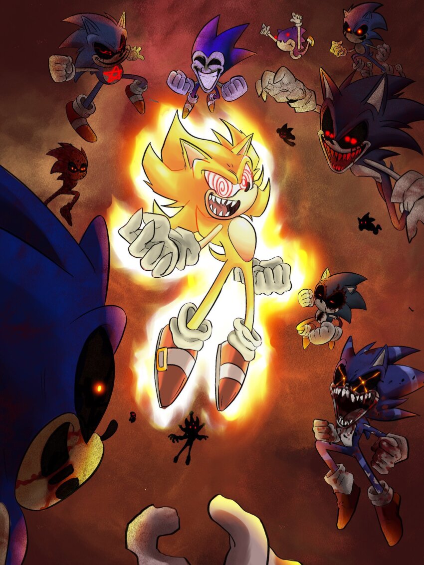 6+boys black_sclera blood blood_on_face claws colored_sclera fighting fleetway_super_sonic gloves highres im_lazy_sheck_lol looking_down looking_up majin_sonic multiple_boys open_mouth pentagram sharp_teeth smile sonic.exe sonic:_execution_(comic) sonic_(series) sonic_the_comic sonic_the_hedgehog super_sonic teeth tongue white_gloves