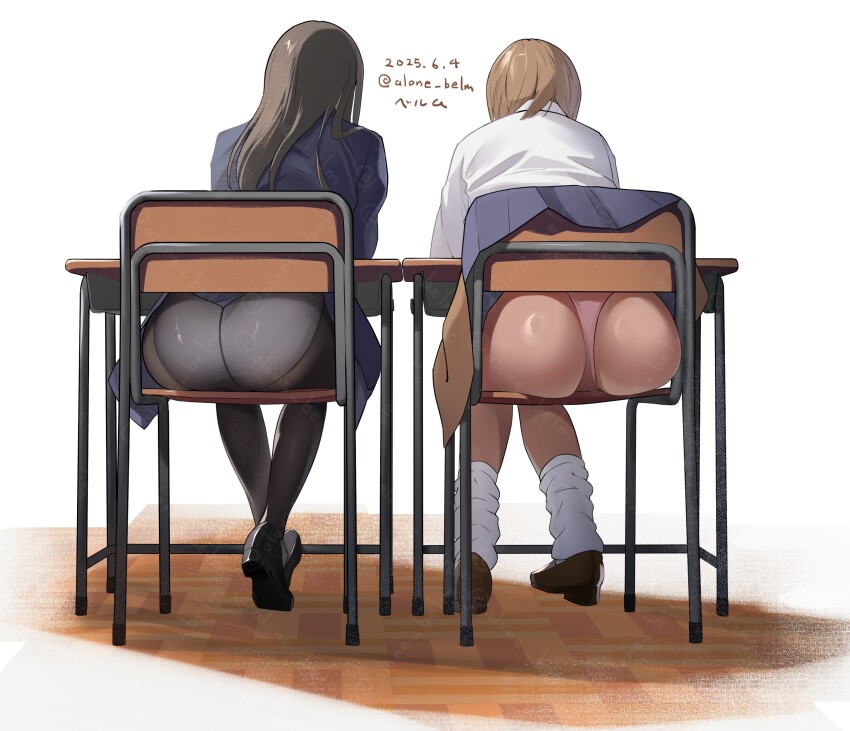 2girls absurdres accidental_exposure alone_belm ass black_hair brown_hair chair clothes_lift dated desk from_behind highres loafers long_hair loose_socks multiple_girls original panties panties_under_pantyhose pantyhose pantyshot pink_panties school_uniform shoes short_hair sitting skirt skirt_lift socks twitter_username underwear wooden_floor