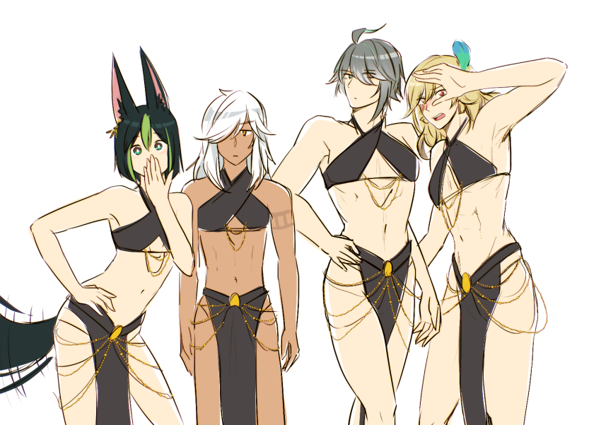 4boys abs ahoge alhaitham_(genshin_impact) animal_ears arm_up armpits blonde_hair blush brown_eyes bulge covering_own_mouth crossdressing cyno_(genshin_impact) dark-skinned_male dark_skin erection erection_under_clothes expressionless feather_hair_ornament feathers genshin_impact green_eyes green_hair grey_hair hair_ornament hand_on_own_hip hand_over_own_mouth jitome kaveh_(genshin_impact) long_hair looking_at_viewer male_focus multicolored_eyes multiple_boys navel onemulberryjam red_eyes standing tail tail_wagging tighnari_(genshin_impact) trap white_background white_hair yomorio_lingerie