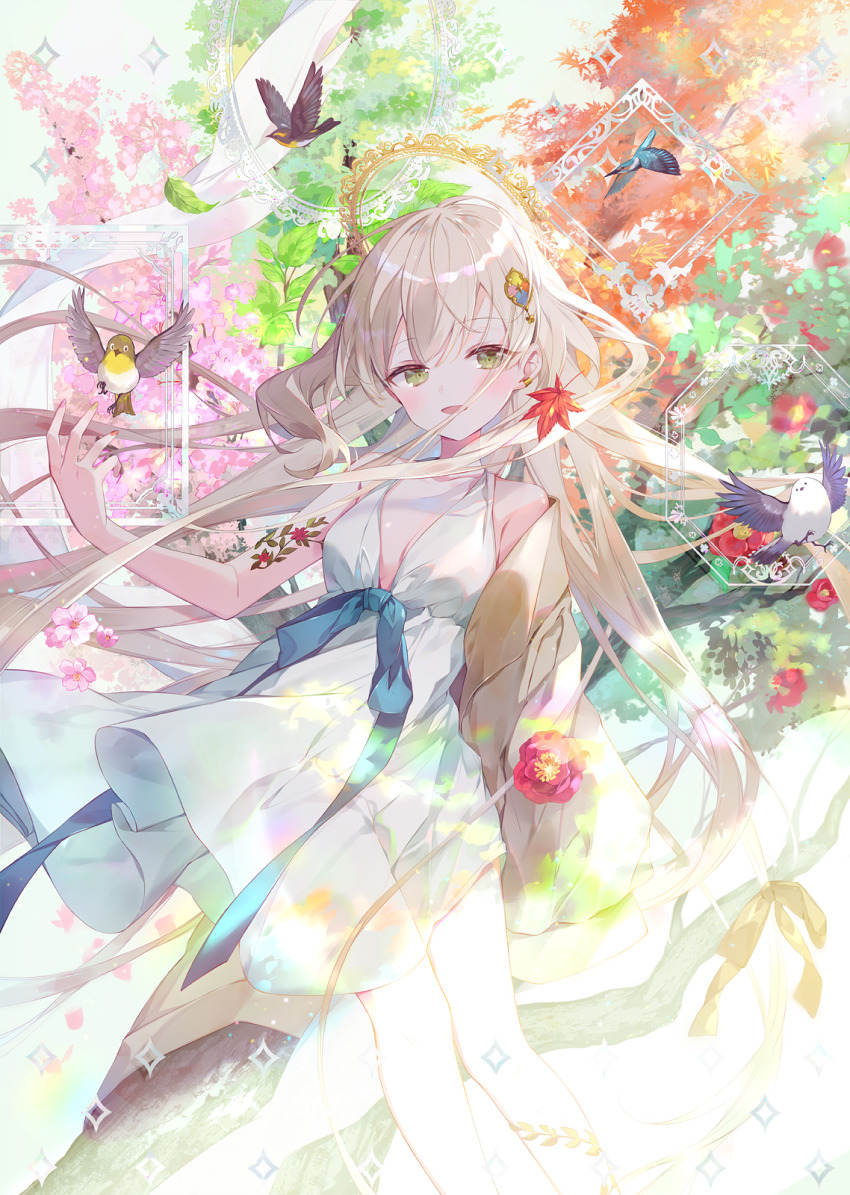 1girl :d animal arm_tattoo autumn_leaves bare_shoulders bird blue_bow blush bow branch breasts brown_hair brown_jacket camellia cherry_blossoms commentary_request dress flower flower_tattoo green_eyes hair_between_eyes halo hand_up highres ibara_riato jacket leaf long_hair looking_at_viewer off_shoulder open_mouth original red_flower seasons sleeveless sleeveless_dress small_breasts smile solo tattoo tree very_long_hair white_dress