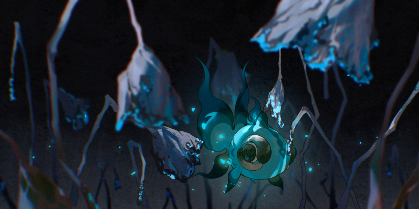 absurdres alternate_color beads black_eyes blue_fire blue_skin burning burnt chi-yu_(pokemon) colored_skin dark dead_plants dim_lighting fire fish floating flower glowing highres magatama nintendo no_humans official_alternate_color pokemon pokemon_(creature) pokemon_focus shiny_pokemon solo wilted_flower wulie_errr