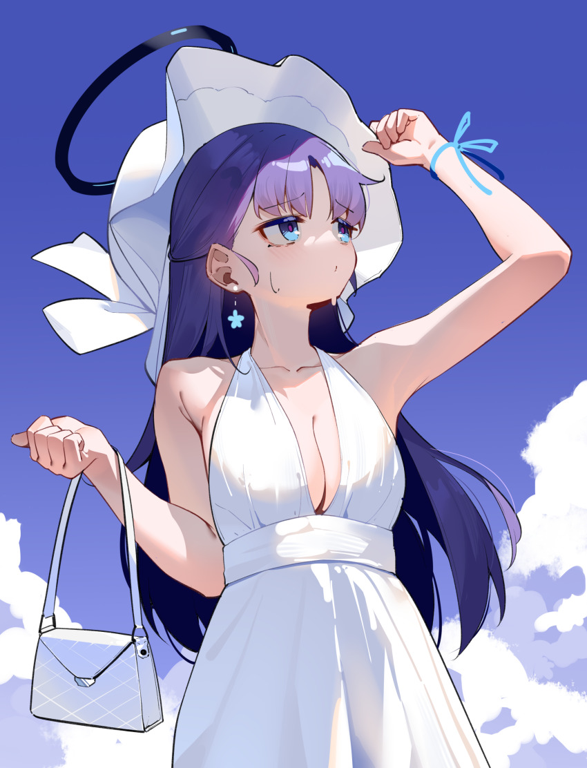 1girl absurdres black_halo blue_archive blue_eyes blue_ribbon blue_sky breasts cloud day dress hair_down halo hat highres long_hair mechanical_halo medium_breasts outdoors painterliuhao purple_hair red_pupils ribbon sky sleeveless sleeveless_dress solo sun_hat sundress very_long_hair white_dress white_hat wrist_ribbon yuuka_(blue_archive)