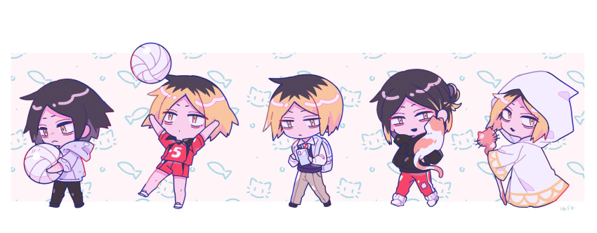 :3 :d absurdres animal animal_background artist_name backpack bag ball black_hair black_pants blonde_hair cat cellphone closed_mouth fish_background full_body grey_hoodie haikyuu!! hair_bun highres holding holding_ball holding_phone hood hood_up hoodie kozume_kenma long_sleeves multicolored_hair multiple_persona nekoma_volleyball_uniform open_mouth outside_border pants phone red_pants red_shirt robe shirt short_sleeves signature single_hair_bun smartphone smile streaked_hair two-tone_hair variations volleyball_(object) white_robe yuungai_yuzuko