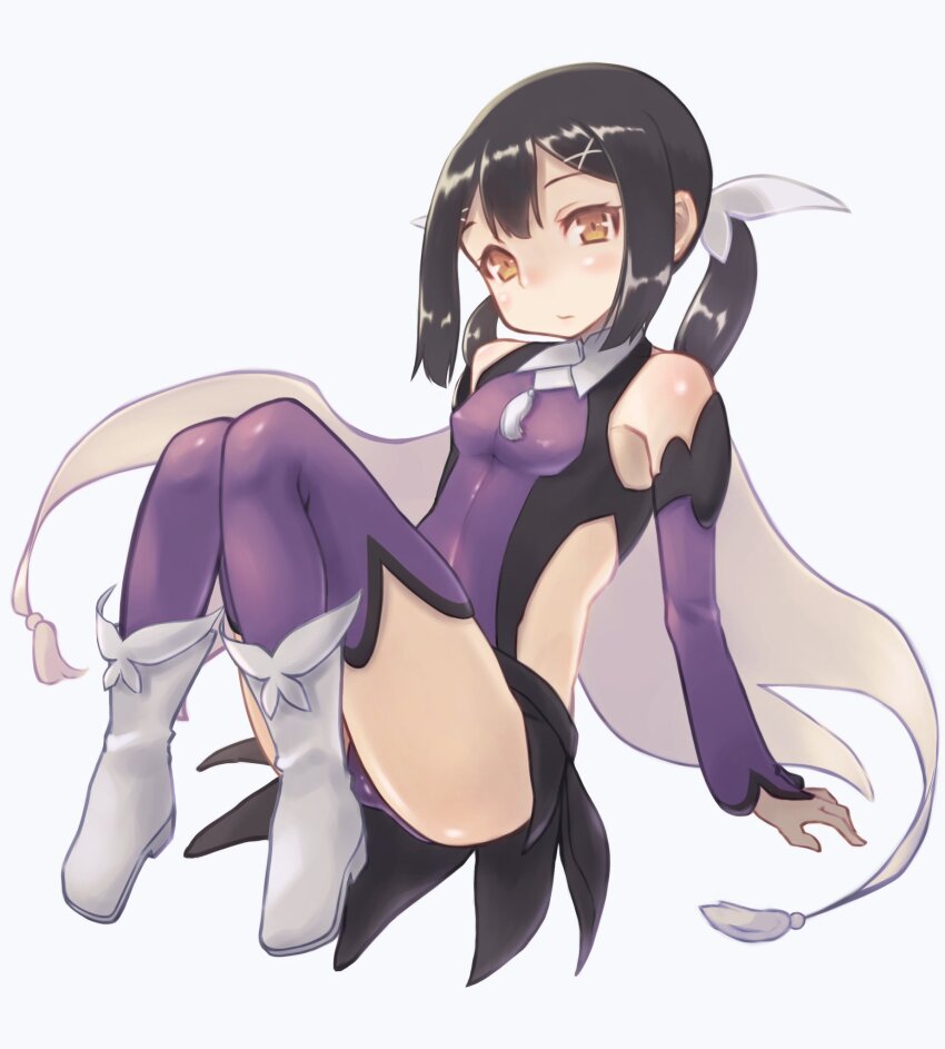 arm_support black_hair blush butterfly_hair_ornament butterfly_ornament cape collar detached_sleeves fate/kaleid_liner_prisma_illya fate_(series) hair_between_eyes hair_ornament highres knees_together_feet_apart leaning_back looking_at_viewer miyu_edelfelt miyu_edelfelt_(magical_girl) neck_tassel night purple_thighhighs saisho_no_nakama sidelocks simple_background sitting leotard tassel thighhighs twintails white_background white_cape white_footwear
