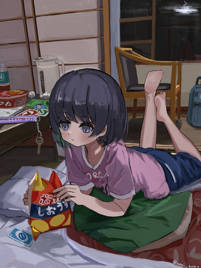 2girls :/ absurdres backpack bag bag_of_chips barefoot blue_shorts blush bob_cut bottle card chair closed_mouth dot_nose electric_kettle expressionless feet full_body futon highres holding holding_bag indoors kettle key knees_apart_feet_together long_bangs looking_down lying multiple_girls night on_stomach original pillow pink_shirt playing_card print_shirt purple_eyes shadow shirt short_hair shorts slice_of_life soles solo_focus twitter_username uno_(game) wanigumo window