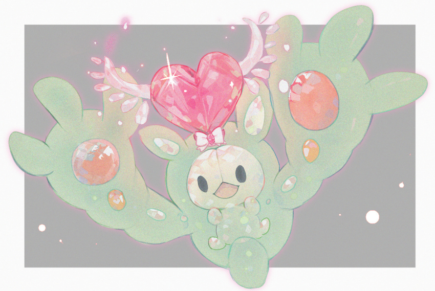 :d black_eyes border bow commentary_request full_body gen_5_pokemon glint mxkjxm_(nhss2337) nintendo open_mouth outside_border pokemon pokemon_(creature) reuniclus smile solid_oval_eyes terastallization white_border
