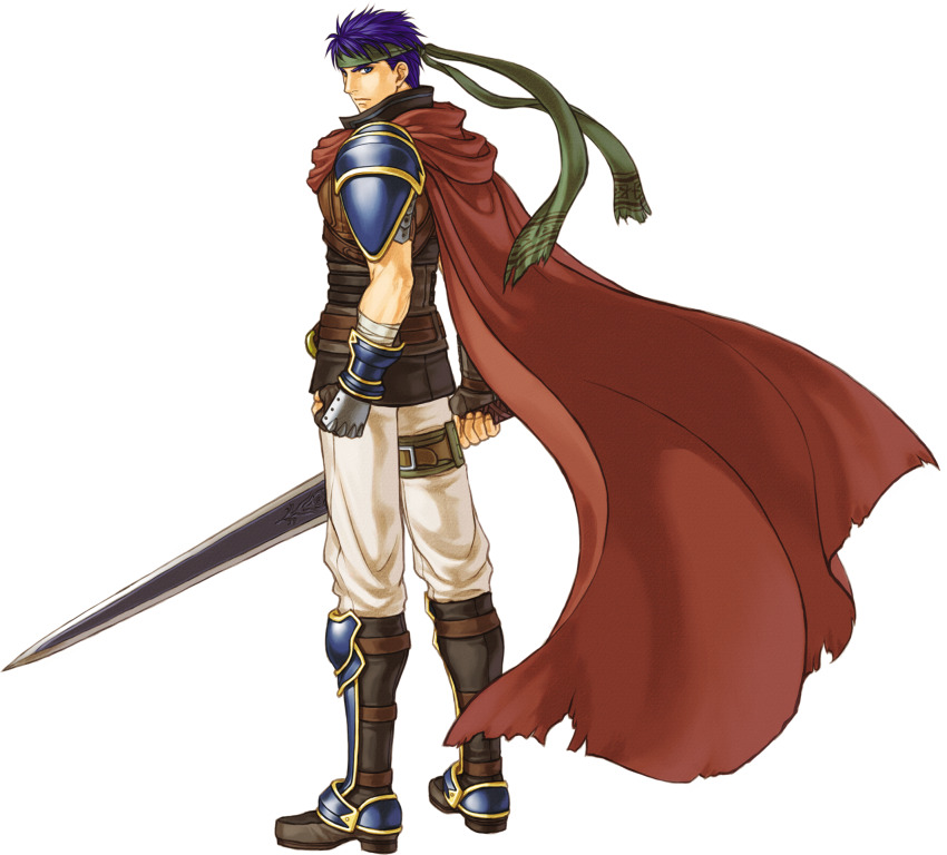 1boy blue_eyes blue_hair cape clenched_hand fire_emblem fire_emblem:_radiant_dawn headband highres holding holding_sword holding_weapon ike_(fire_emblem) kita_senri looking_back male_focus nintendo official_art red_cape short_hair simple_background solo sword third-party_source transparent_background weapon