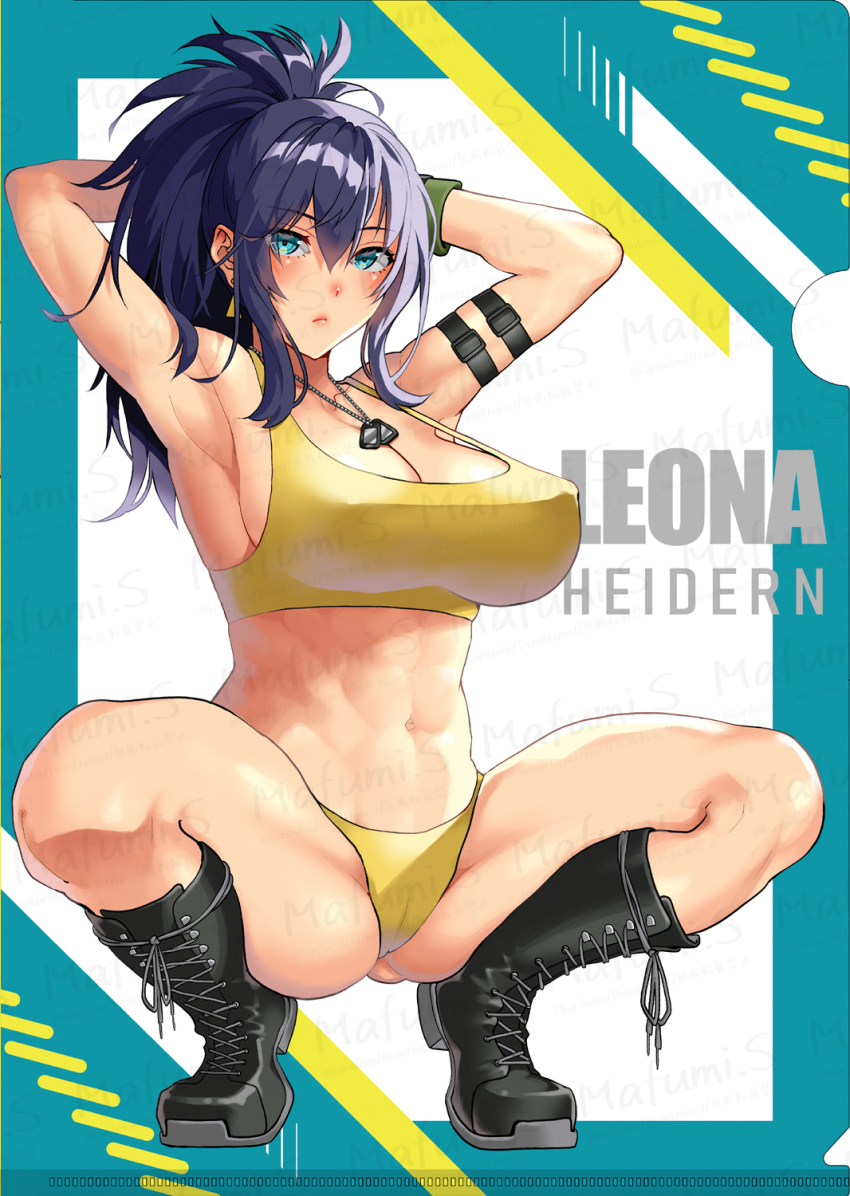 1girl abs arm_pouch ass blue_hair boots breasts character_name combat_boots cosplay covered_erect_nipples crop_top dog_tags earrings full_body hands_up highres jewelry kurinton leona_heidern leona_heidern_(cosplay) muscular muscular_female navel ponytail sakura_mafumi soldier solo spread_legs squatting tank_top the_king_of_fighters the_king_of_fighters_xv triangle_earrings underwear watermark yellow_tank_top
