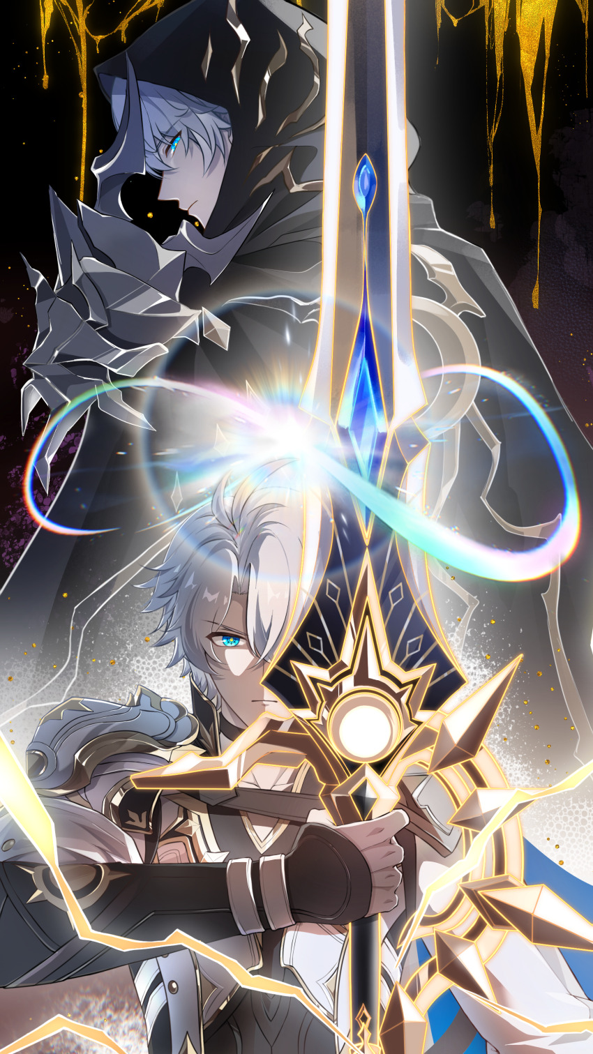 2boys absurdres antenna_hair armor black_choker black_cloak black_shirt blue_cape blue_eyes cape chinese_commentary choker cloak coat commentary_request dark_persona dripping dual_persona flame_reaver_of_the_deepest_dark hair_between_eyes highres holding holding_sword holding_weapon honkai:_star_rail honkai_(series) hood hood_up hooded_cloak infinity_symbol jiechen liquid_gold looking_at_viewer looking_back male_focus multiple_boys pauldrons phainon_(honkai:_star_rail) shirt short_hair shoulder_armor single_pauldron sword weapon white_coat white_hair