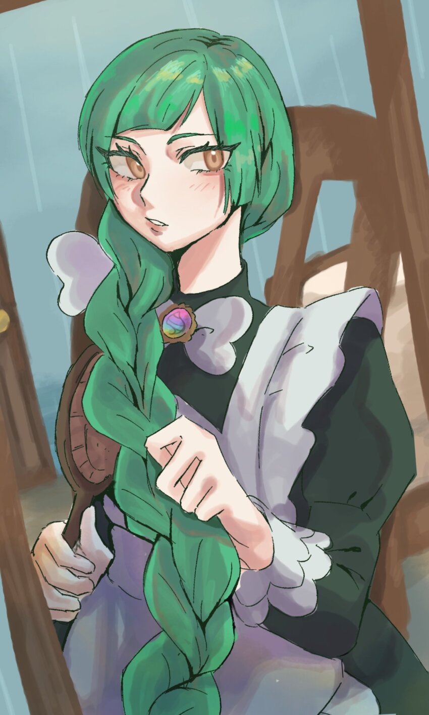 1girl apron blunt_bangs bow bowtie braid braided_ponytail brushing_hair brushing_own_hair green_hair highres juliet_sleeves lebanne_(pokemon) light_wr0ng long_hair long_sleeves maid maid_apron nintendo pink_lips pokemon pokemon_legends:_z-a puffy_sleeves solo tsurime upper_body white_bow white_bowtie