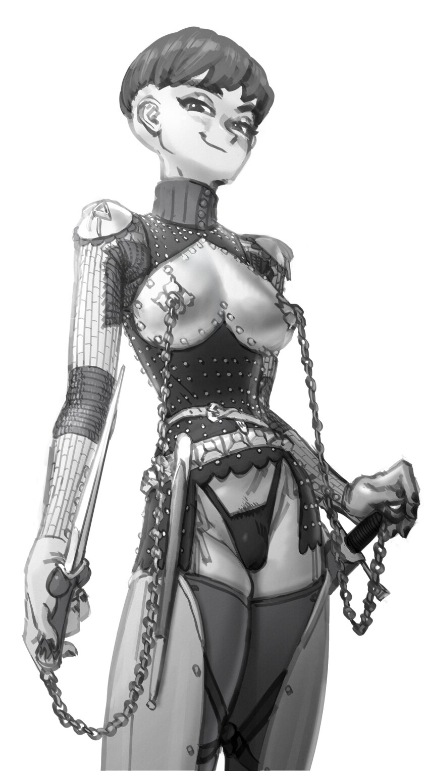 1girl absurdres armor bad_id bad_twitter_id black_nails breast_cutout breast_piercing breasts breasts_out closed_mouth contrapposto dagger female_pubic_hair fingernails greyscale highleg highleg_panties highres holding holding_dagger holding_knife holding_weapon knife long_sleeves looking_at_viewer medium_breasts monochrome nail_polish original panties pubic_hair pubic_hair_peek short_hair simple_background smile solo stiletto_(weapon) sword thighhighs underwear wass_nonnam weapon white_background