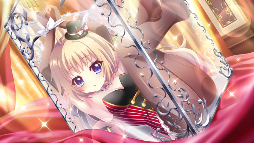 1girl ahoge armpits arms_up black_hat black_leotard blue_eyes bound bound_wrists bow box breasts brown_pantyhose cleavage detached_collar dot_nose dutch_angle film_grain game_cg glass_container hat hat_bow in_box in_container itsumura_haruka izumi_tsubasu lens_flare leotard light_brown_hair long_hair looking_at_viewer lying magician medium_breasts mini_hat mini_top_hat multicolored_leotard no_shoes non-web_source official_art on_back pantyhose parted_lips re:stage! red_bow red_leotard restrained solo sparkle strapless strapless_leotard striped_clothes striped_leotard tilted_headwear top_hat trapped two-tone_bow two-tone_leotard vertical-striped_clothes vertical-striped_leotard white_bow wing_hat_ornament