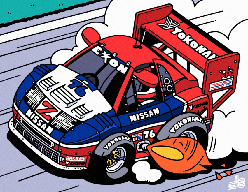 1boy car chibi choro-q fire from_above grass helmet highres imsa_gt_championship motion_lines motor_vehicle nissan nissan_300zx nissan_300zx_(z32) nissan_fairlady_z parody race_vehicle racecar racetrack real_life red_headwear satosio signature smoke spoiler_(automobile) steve_millen style_parody vehicle_focus