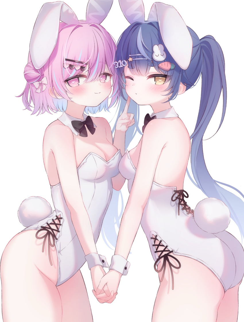 2girls animal_ears ass blue_hair bow bowtie breasts commission detached_collar highres leotard long_hair multiple_girls nekomogu_(ch0_s2) one_eye_closed original paid_reward_available pink_hair playboy_bunny rabbit_ears rabbit_tail skeb_commission small_breasts tail twintails virtual_youtuber white_leotard wrist_cuffs