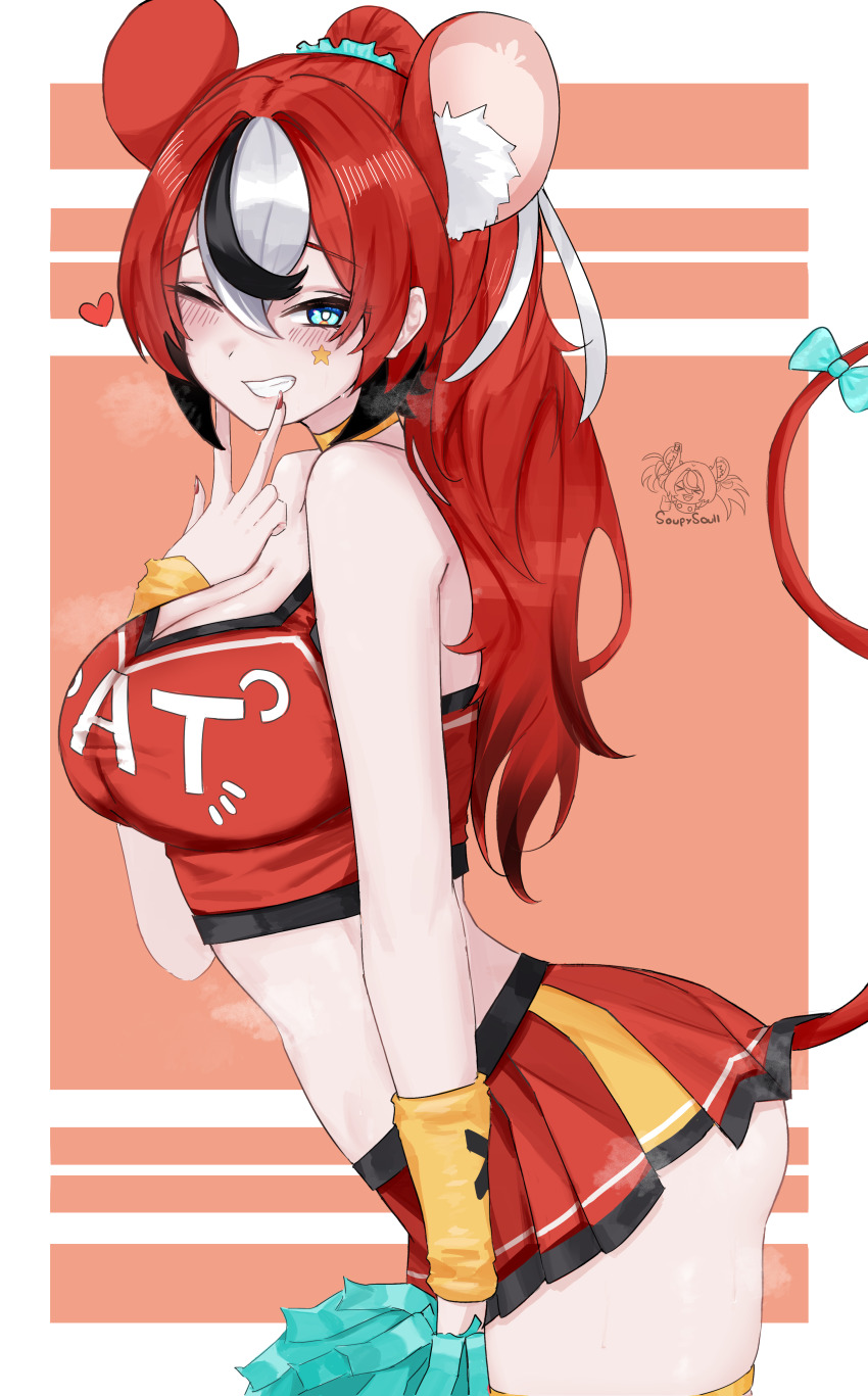 1girl absurdres animal_ears bow breasts cheerleader crop_top from_side grin hakos_baelz heart high_ponytail highres holding holding_pom_poms hololive hololive_english large_breasts leaning_forward looking_at_viewer miniskirt mouse_ears mouse_girl mouse_tail one_eye_closed pom_pom_(cheerleading) pom_poms ponytail red_nails red_skirt skirt smile soup_(soupysoull) star_sticker sticker_on_face tail tail_bow tail_ornament thighhighs virtual_youtuber w