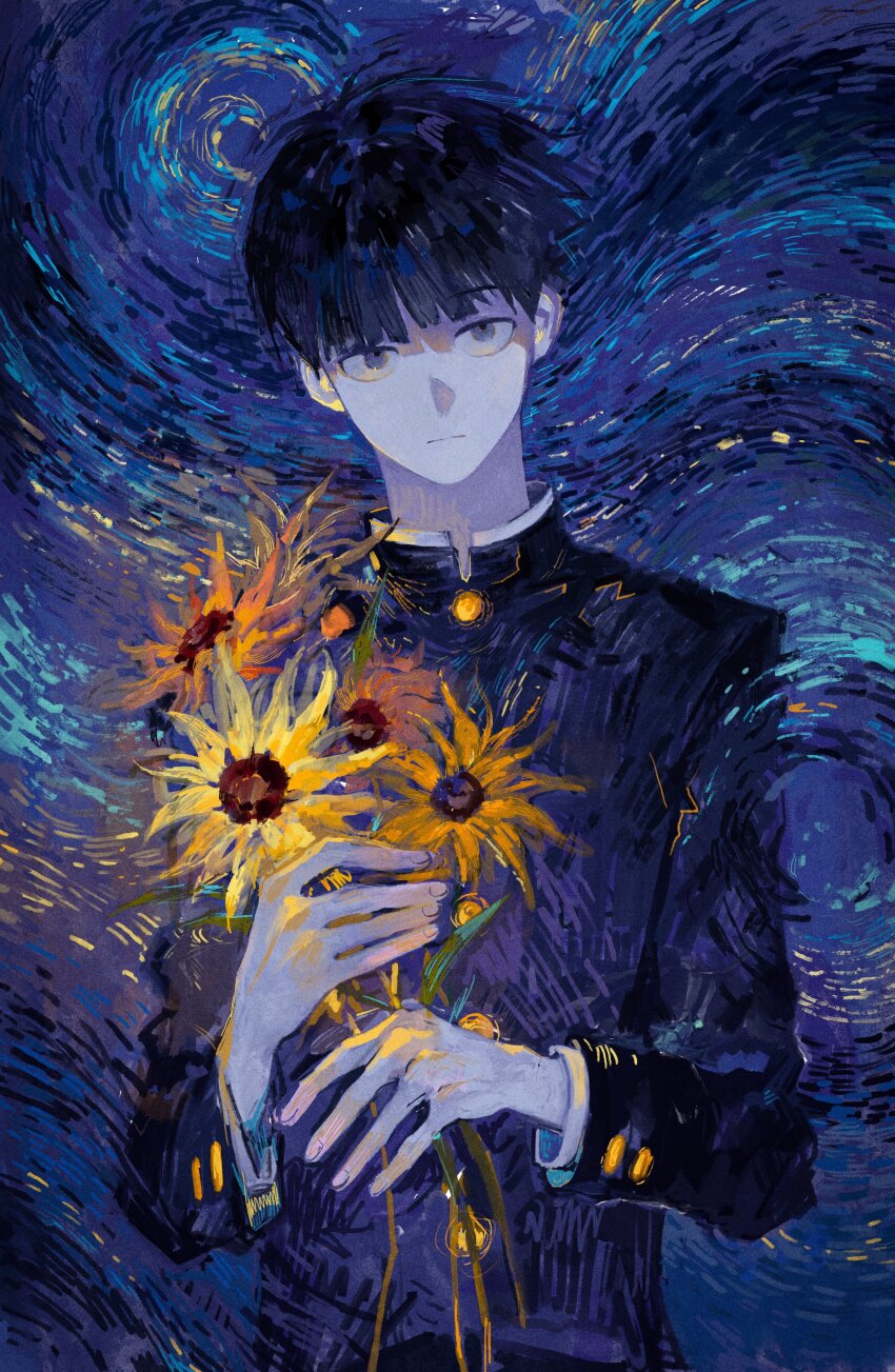 1boy abstract abstract_background absurdres black_hair black_shirt blunt_bangs buttons color_contrast facing_viewer flower gakuran glowing glowing_flower highres holding holding_flower kageyama_shigeo long_sleeves looking_ahead mob_psycho_100 mong_120 school_uniform shirt short_hair solo starry_night_(van_gogh) swirl upper_body yellow_flower