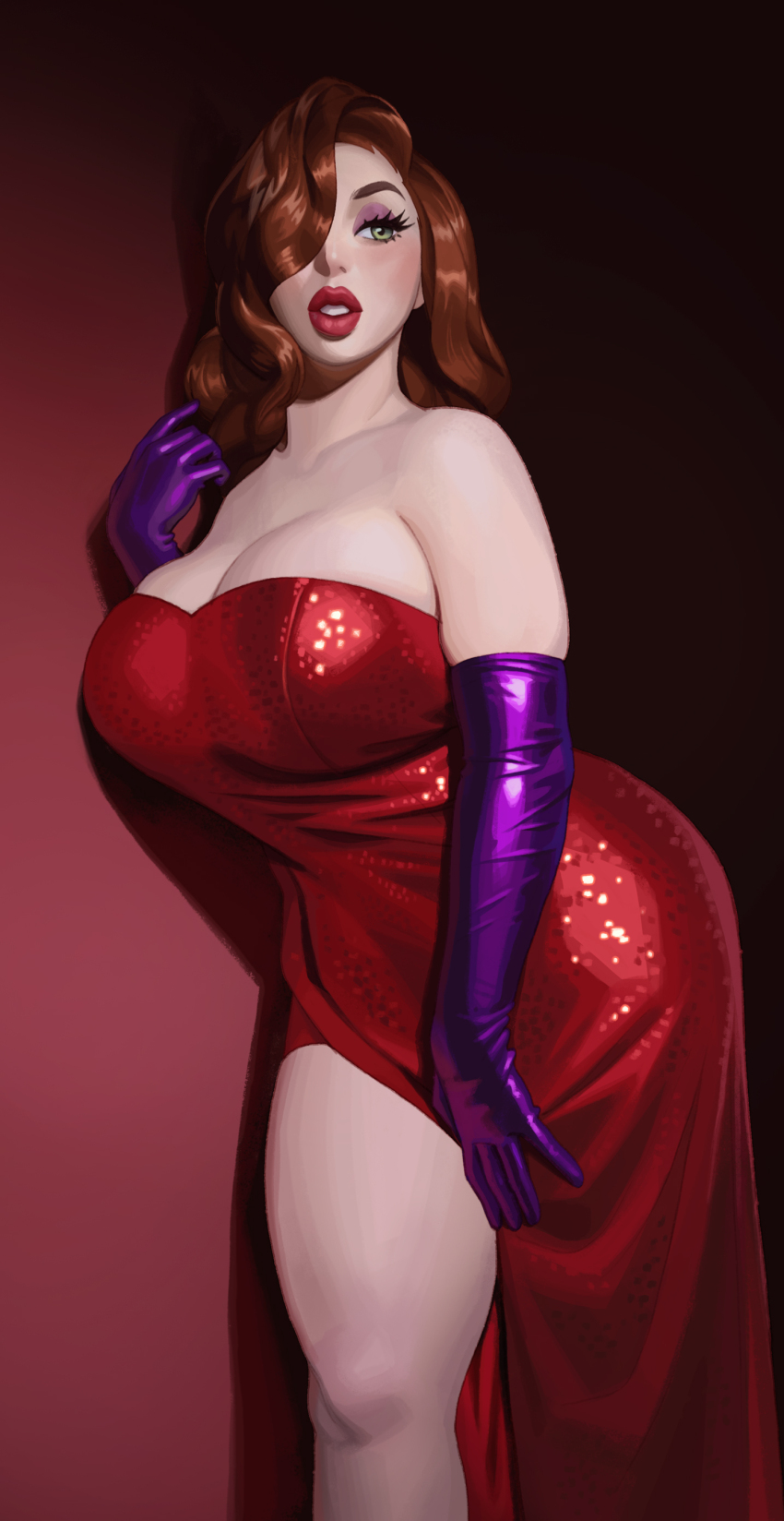 1girl absurdres bare_shoulders bishoujomom breasts cleavage cosplay curvy dress elbow_gloves gloves hair_over_one_eye highres jessica_rabbit jessica_rabbit_(cosplay) large_breasts long_hair makeup orange_hair purple_gloves real_life red_dress riz solo thick_lips thighs who_framed_roger_rabbit