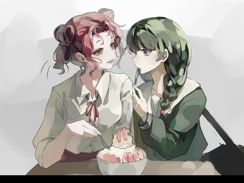 2girls blue_eyes braid eating food freckles green_eyes green_hair hair_between_eyes highres ice_cream kusuriya_no_hitorigoto long_hair loulan_(kusuriya_no_hitorigoto) lu_n_1206 maomao_(kusuriya_no_hitorigoto) multiple_girls open_mouth purple_hair sidelocks smile upper_body