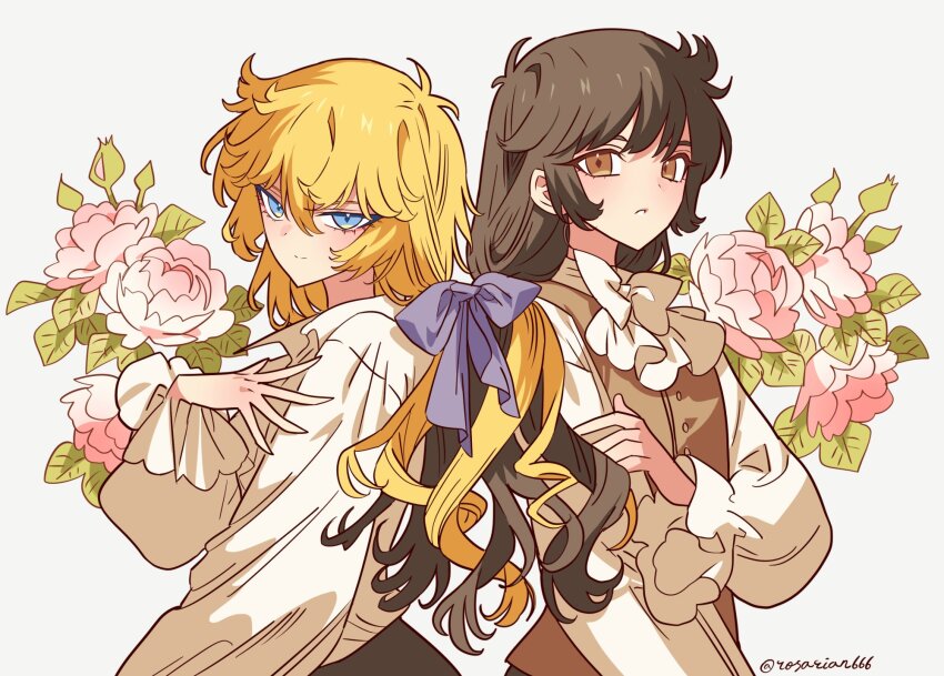 1boy 1girl andre_grandier blonde_hair blue_eyes bow brown_eyes brown_hair brown_vest flower hair_between_eyes hair_bow highres long_hair looking_at_viewer meremero oscar_francois_de_jarjayes pink_flower ponytail sidelocks simple_background twitter_username upper_body versailles_no_bara vest white_background